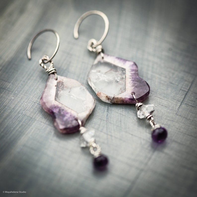 Thru the Looking Glass Chevron Amethyst Slices Riveted Sterling Silver Earrings image 3