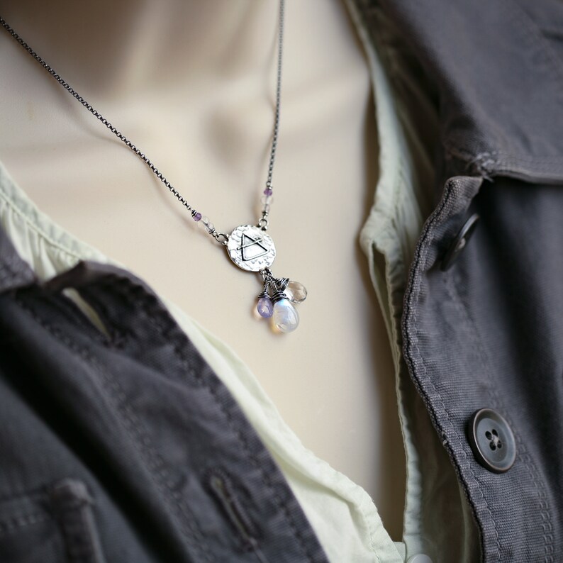 Elements: Air Rainbow Moonstone, Rock Crystal, lavender quartz with Alchemy Charm Sterling Silver Necklace image 9