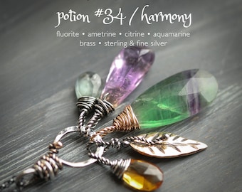 Harmony - Fluorite Ametrine Citrine Aquamarine Crystals with Brass Accents Mixed Metal Charm Necklace