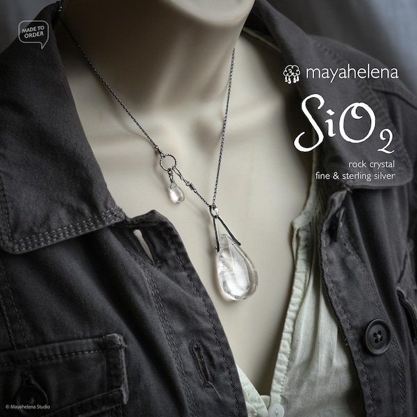 SiO2 - Large Rock Crystal Clear Quartz Sterling Silver Necklace Pendant