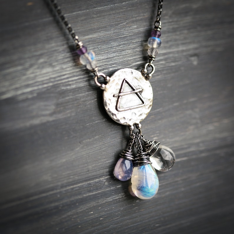 Elements: Air Rainbow Moonstone, Rock Crystal, lavender quartz with Alchemy Charm Sterling Silver Necklace image 2