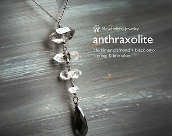 Anthraxolite  - Herkimer Diamonds and Black Onyx Drop Sterling Silver Necklace