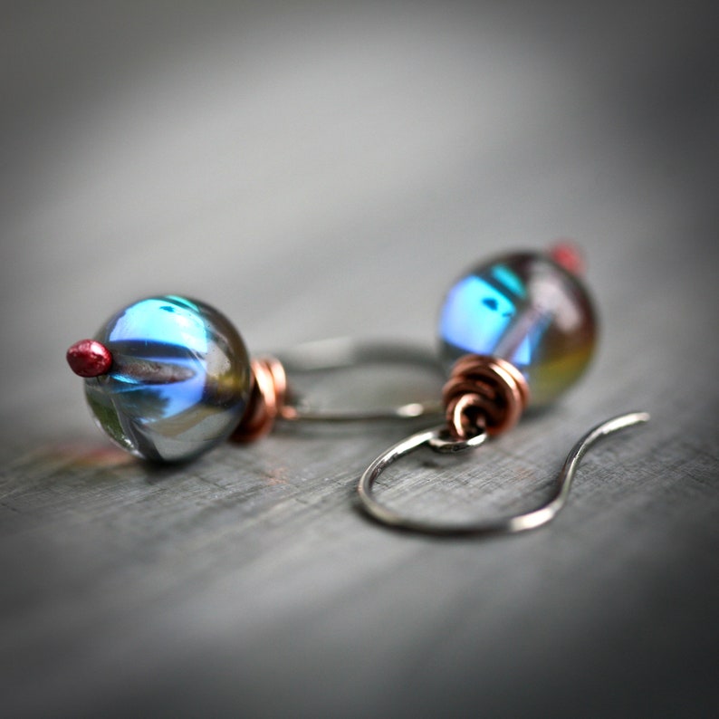 Blue Morpho Artisan Glass Mixed Metal Copper and Sterling Earrings image 6