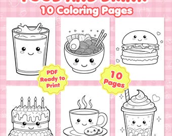Kawaii Food Coloring Book, Printable Food and Drink book for Kids, Activity Book for Children, Bold and Easy, Relaxing and Creative Drawing