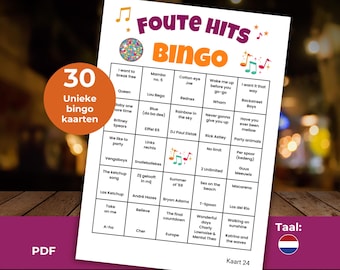 Bad music bingo game, 30 bingo cards download PDF, Dutch music game, music game as a party activity A4 sing-along bingo