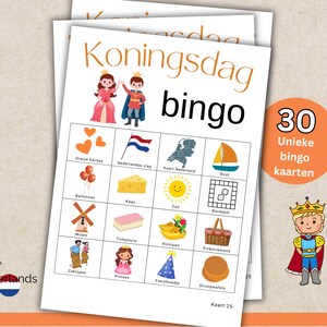 Bingo infantil del Día del Rey (30 cartones), juego de primaria, PDF A4, juego del Día del Rey, actividades de los Juegos del Rey, juego de fiesta holandés