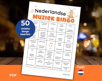 Muziekbingo met Nederlandstalige hits, 50 bingo kaarten, Nederlands muziek spelletje, muziekspel feest activiteit downloaden meezing bingo