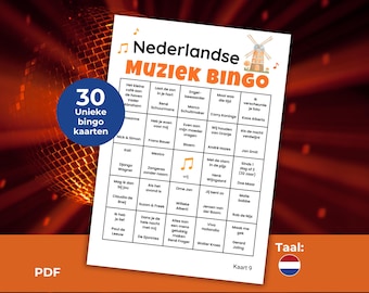 Music bingo game, Dutch hits, 30 music bingo cards, Dutch music game, music game download party activity PDF A4