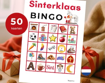 Puede incluir: Una tarjeta de juego Sinterklaas Bingo con una cuadrícula de 5x5 e ilustraciones coloridas que incluyen una chimenea, un balón de fútbol, una zanahoria, un oso de peluche y un barco de vapor. El texto dice Sinterklaas BINGO, 50 kaarten, Vrij, 5 Dec, Sint y Kaart 1.
