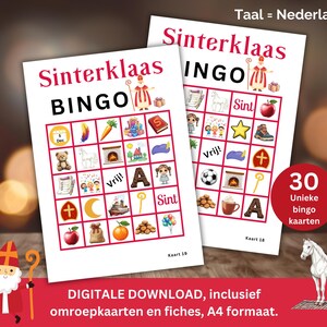 Sinterklaas Bingo, 30 Bingo Kaarten Sinterklaasfeest Spel, Printbare Bingo Sint en Piet, Sinterklaas spel in klas, Nederlands Pakjesavond A4