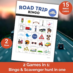 Road trip bingo cards, 15 unique cards, kids scavenger hunt, travel game, download car printable games, family vacation fun, travel activity