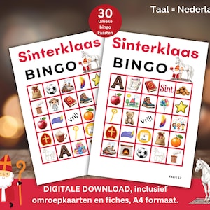 Sinterklaas bingo, 30 bingo kaarten, Sint en Piet Nederlands, Pakjesavond, Sinterklaas feest, Spel cadeau uitpakken, Familie en Kinderen A4