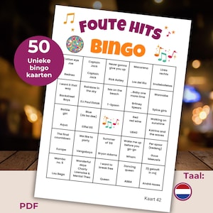 May include: A white bingo card with the text "FOUTE HITS BINGO" in orange and purple. The card features a grid of song titles and the text "50 Unieke bingo kaarten". A Dutch flag is in the bottom right corner.