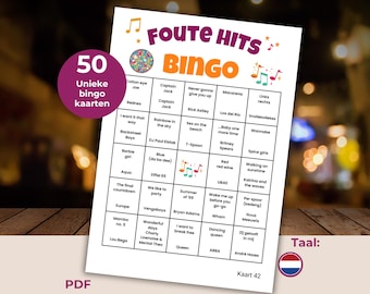 Bad music bingo, 50 bingo cards, Dutch, Dutch music game, music game party activity download PDF A4, sing along