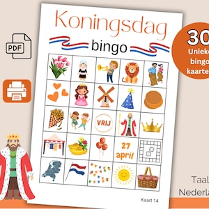 Juego de bingo del Día del Rey, 30 cartones de bingo en PDF, juegos holandeses King's Games, descarga digital, juego de fiesta, actividades infantiles