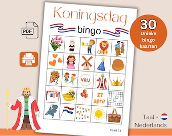 King's Day bingo game, 30 bingo cards PDF, Dutch games King's Games, digital download, party game, children's activities