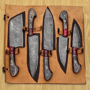 Handmade Damascus Chef set Of 5pcs With Leather, Damascus Knife Set, Damascus Chef Knife,Full Kitchen Knife Set,Damascus Chef Set,New Design