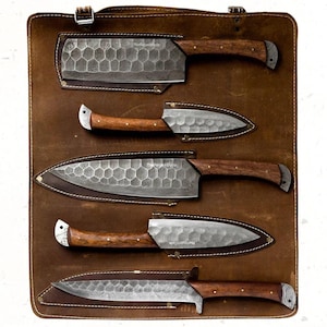 Personalized Damascus Steel Chef Knife Set: Handmade Kitchen Knives, Bois d&#39;Arc Wood Handles