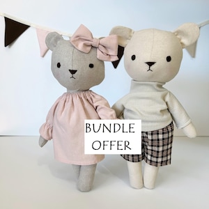May include: A bundle offer for two plush toy bears. The bear on the left is wearing a pink dress and a pink bow. The bear on the right is wearing a white sweater and plaid pants. The sign says "Bundle Offer".
