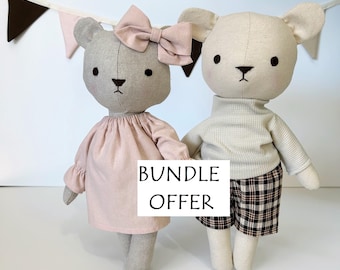 Bear Boy and Girl Bundle Offer - Instant Download Sewing Pattern, DIY soft toy doll in organic linen or cotton.