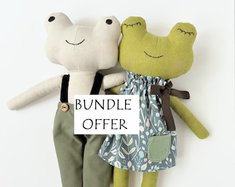 Froggy with Dress pants and shorts instant download sewing pattern DIY doll toy in organic linen.