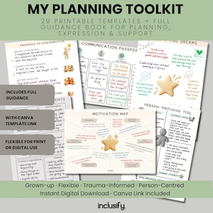 May include: A digital planning toolkit with 29 printable templates. The cover features the title "MY PLANNING TOOLKIT" in large, dark green letters. The toolkit includes guidance for planning, expression, and support, with a Canva template link.