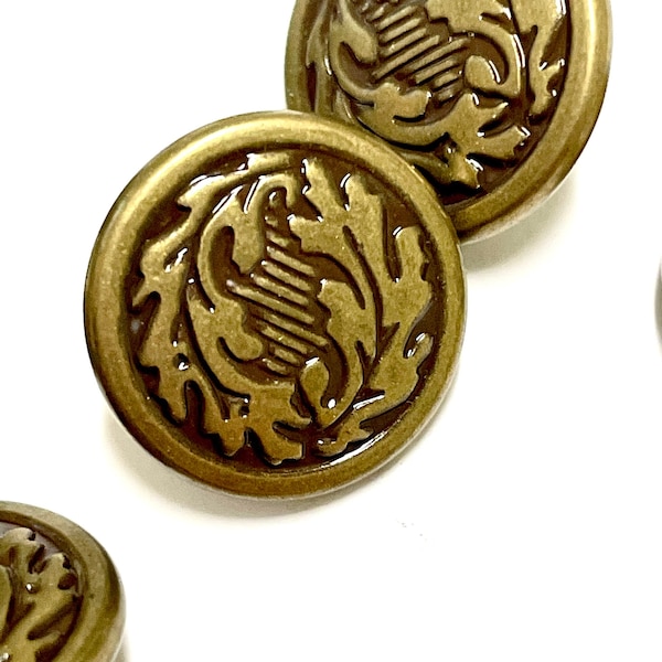 Vintage 70s Antiqued Brass All Metal Buttons Metal Shank Acanthus Design For Jeans Vests Handbags 24Line/ 5/8"/6mm Per Set of 4