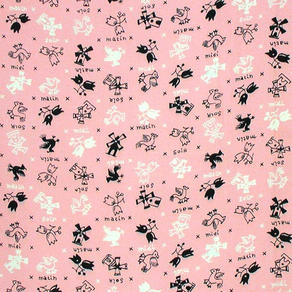 Vintage 40s or 50s French Novelty Print Rayon in Pink Black White 1 Yard