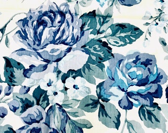 Blue Roses Cotton Lawn Fabric, Silky Floral Print (4.6 Yards)