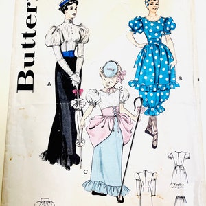 May include: Vintage sewing pattern for three dresses, featuring a woman in a black and white dress, a girl in a blue and pink dress, and a girl in a blue polka dot dress. The pattern number is 6342 and the price is 45 cents. The pattern is from Butterick.