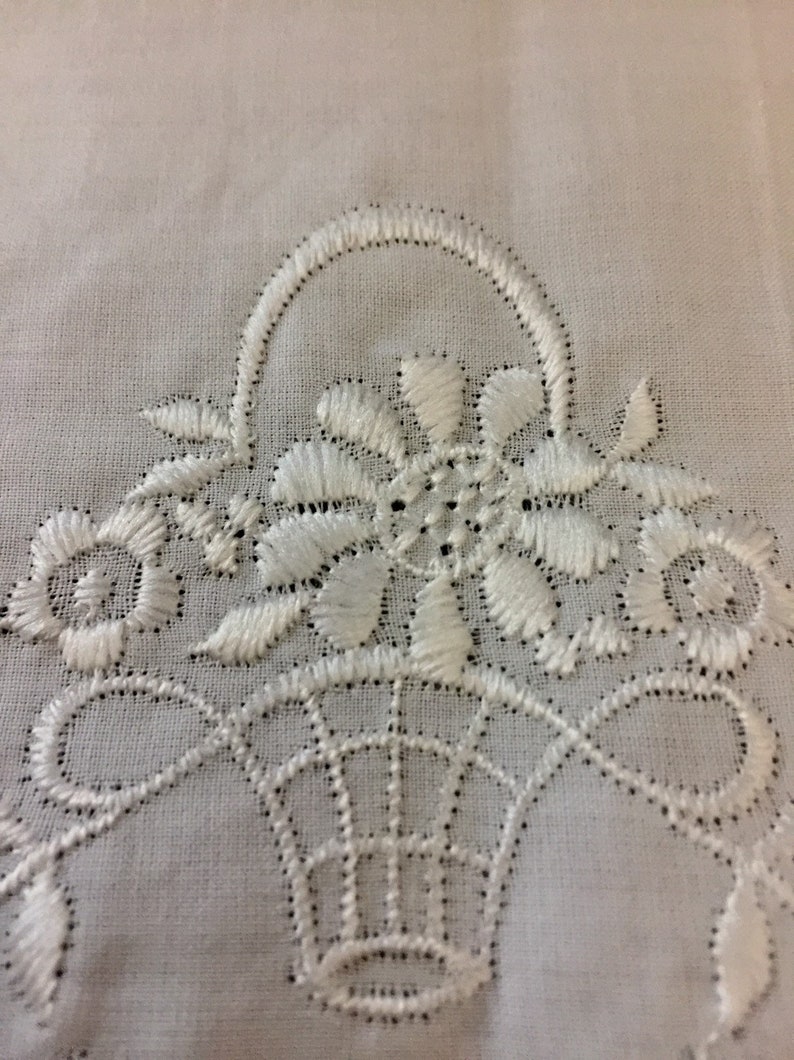 Embroidered Trim Baskets of Flowers White Italian Cotton Scallop Edge For Pillow Case Hems Shelf Towel Trim Pillows
