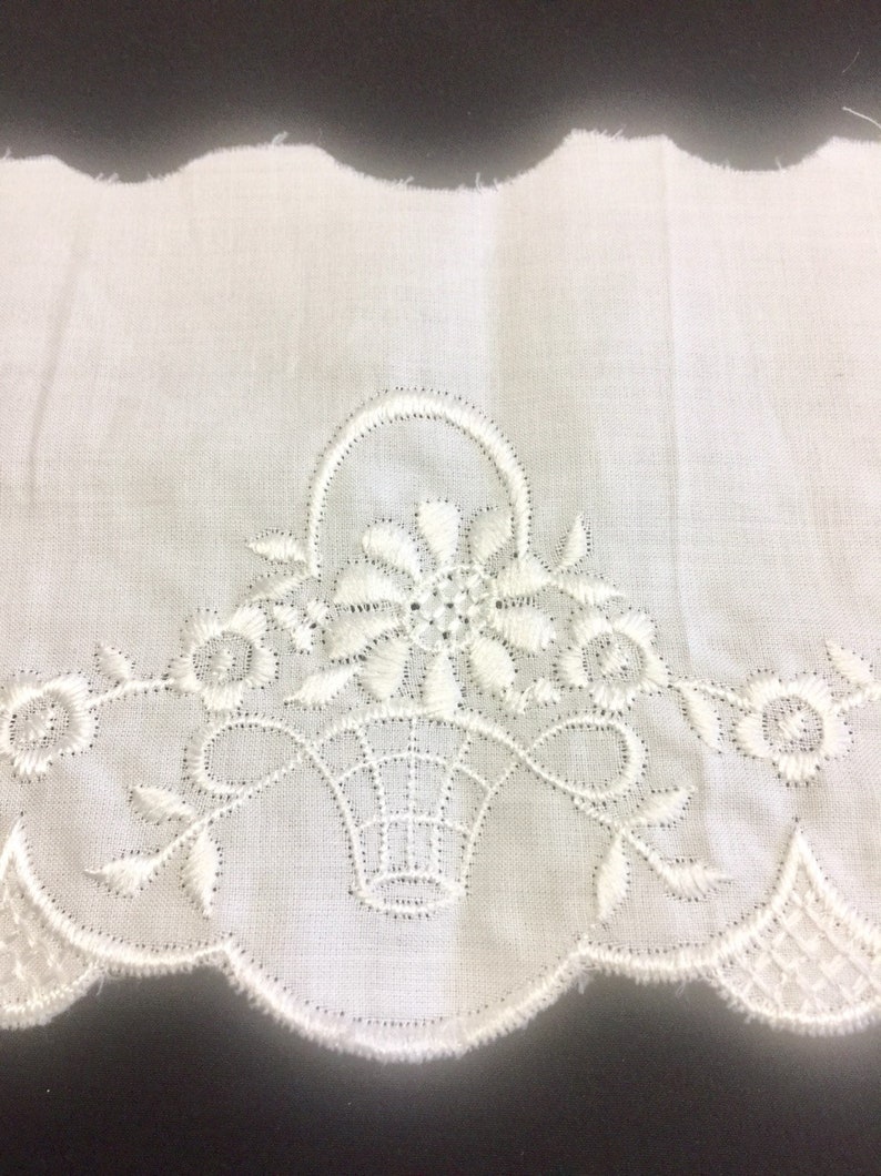 Embroidered Trim Baskets of Flowers White Italian Cotton Scallop Edge For Pillow Case Hems Shelf Towel Trim Pillows
