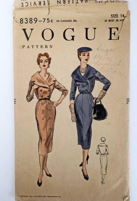 1954 Vogue One Piece Dress Pattern No. 8389 Sz.14 Bust 32