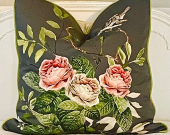 Decorative Pillows (covers) "Gray Garden" Exclusive Fabric Roses and Bird Print 2 Sizes Available