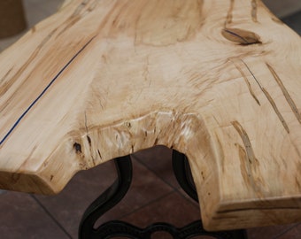Wormy Maple Live Edge Coffee Table, Refurbished Cast Iron Legs