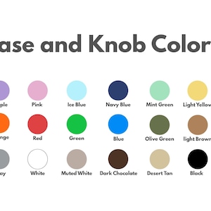May include: Image displaying a color chart labeled "Case and Knob Colors." The chart features a grid of colored circles, each labeled with a color name, including purple, pink, ice blue, navy blue, and more.