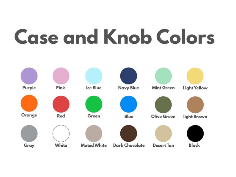 May include: Image displaying a color chart labeled "Case and Knob Colors." The chart features a grid of colored circles, each labeled with a color name, including purple, pink, ice blue, navy blue, and more.