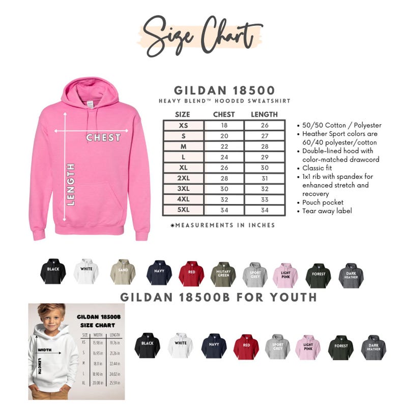 Op de afbeelding: Roze Gildan 18500 hoodie met een maattabel. De tabel toont borst- en lengtematen in centimeters voor de maten XS tot 5XL. De afbeelding toont ook kleuropties en details over de stof en kenmerken.