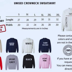 Op de afbeelding: Unisex crewneck sweatshirts in diverse kleuren, waaronder zand, groen, wit, donker heather, rood, sportgrijs, zwart en lichtroze. Afmetingen in inches. Gemaakt in de VS.