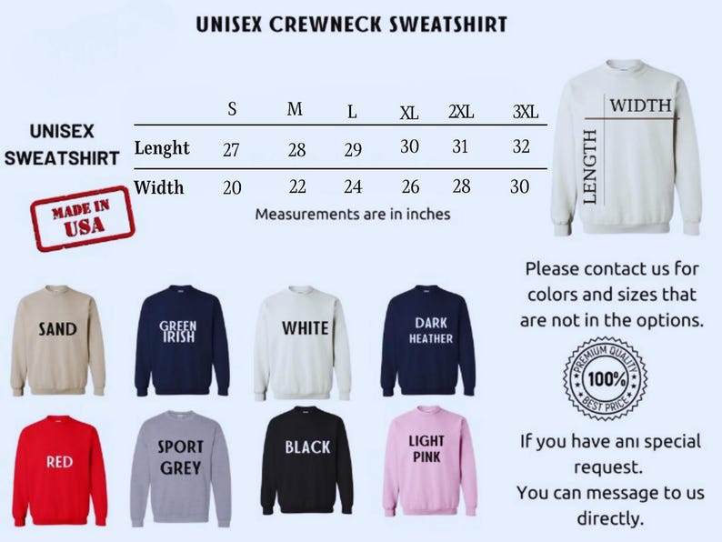 Op de afbeelding: Unisex crewneck sweatshirts in diverse kleuren, waaronder zand, groen, wit, donker heather, rood, sportgrijs, zwart en lichtroze. Afmetingen in inches. Gemaakt in de VS.