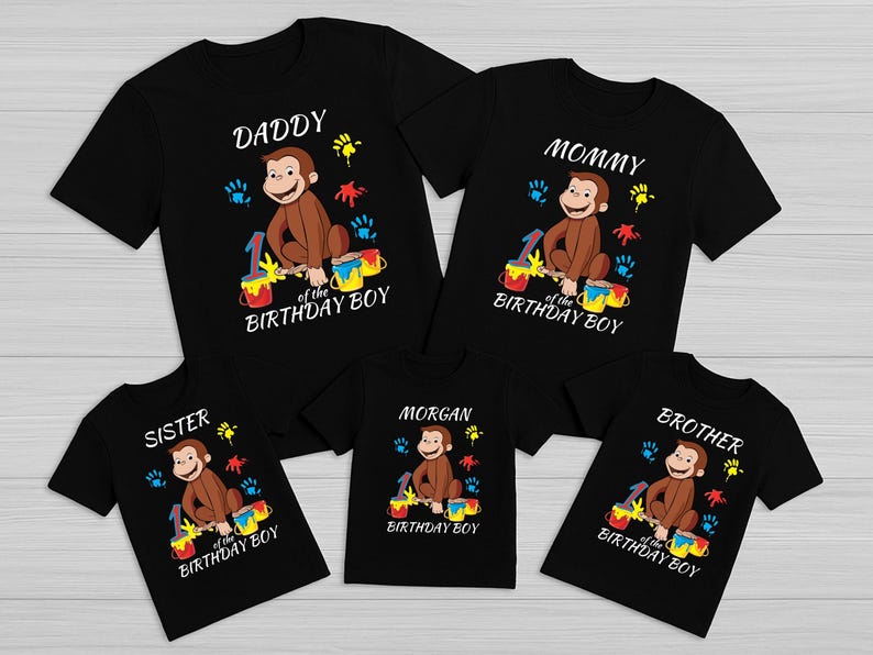 May include: Black t-shirts with a cartoon monkey design, text, and colorful paint splatters. The shirts are labeled "Daddy", "Mommy", "Sister", "Morgan", and "Brother" with "of the Birthday Boy" text.
