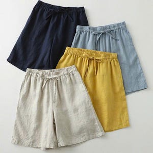 Short large en lin et coton : pantalons d&#39;été décontractés à taille élastique