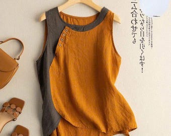 Linen Cotton Sleeveless Vest: Round Neck Casual Top