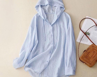 Oversized Linen Hooded Shirt: Soft Cotton Blend Tunic Top