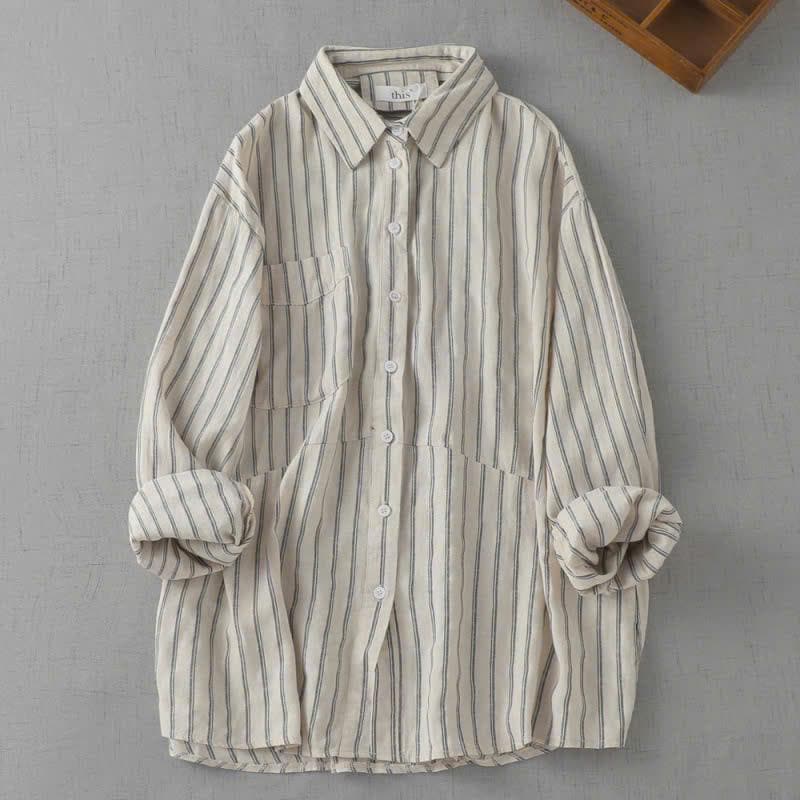 Striped Cotton Linen Long Sleeve Shirt - Retro Casual Blouse