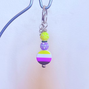 May include: A keychain featuring a silver metal ring and clasp attached to a vertical arrangement of beads. The beads include a textured neon yellow sphere, a smaller green spacer, a purple sphere with embedded crystals, and a flat circular charm.
