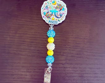 Pisces Sternzeichen Strassstein Badge Reel - Acrylperlen Einziehbarer ID-Halter