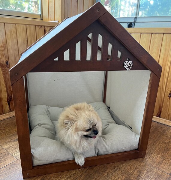 Wooden Dog House Bed, Birch Plywood, Linen Interior, Water