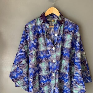 WOODIN - GHANA west African print long button down dress overskirt women SIZE 14 eclectic unique batik style