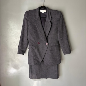 Vintage JONES NEW YORK Women&#39;s 4P Wool Chevron Print Skirt Blazer Set Tweed Gray